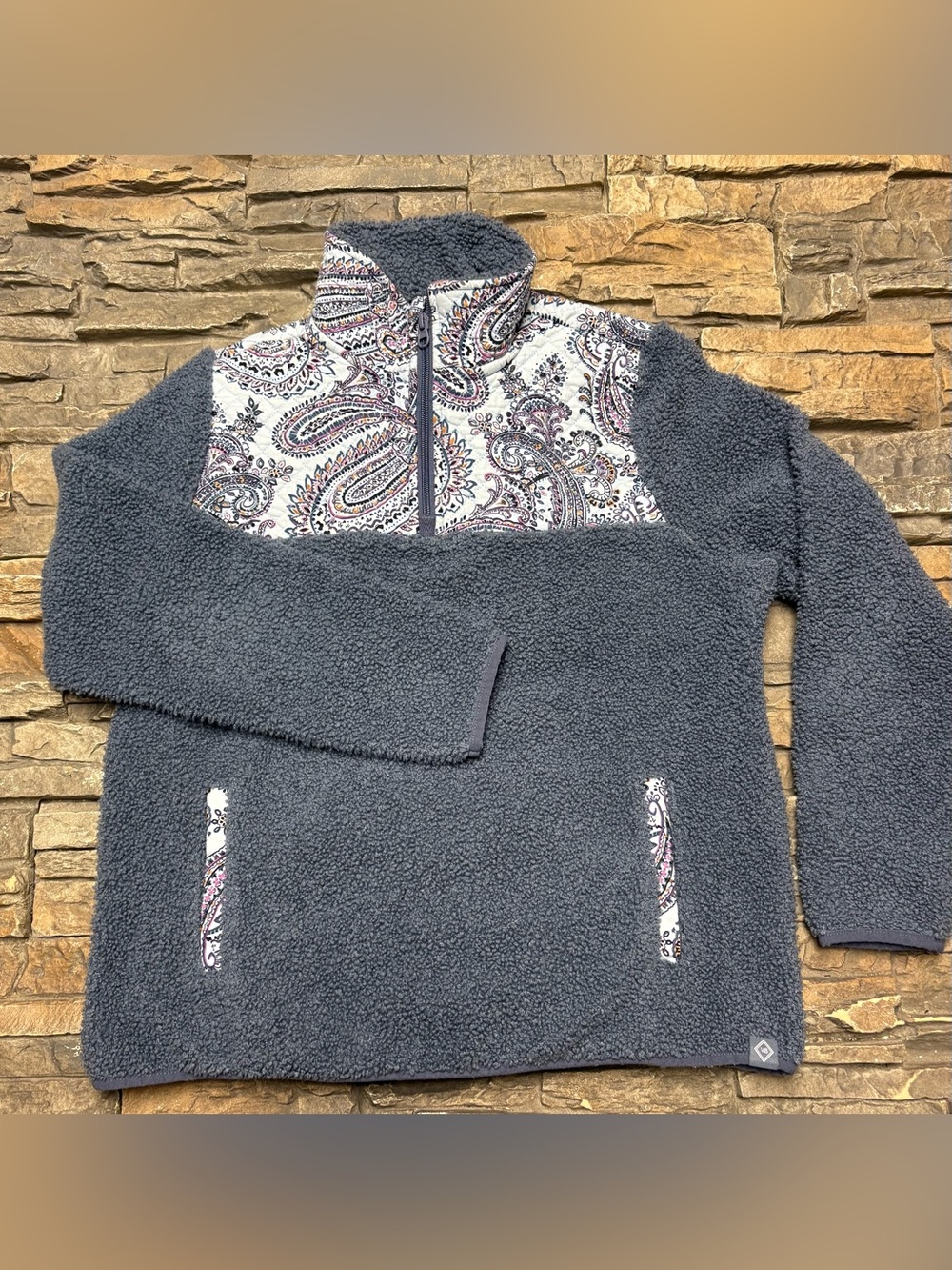 Vera Bradley Teddy Fleece Pullover 1/4 Zip Women’s Size M Blue Quilt Paisley